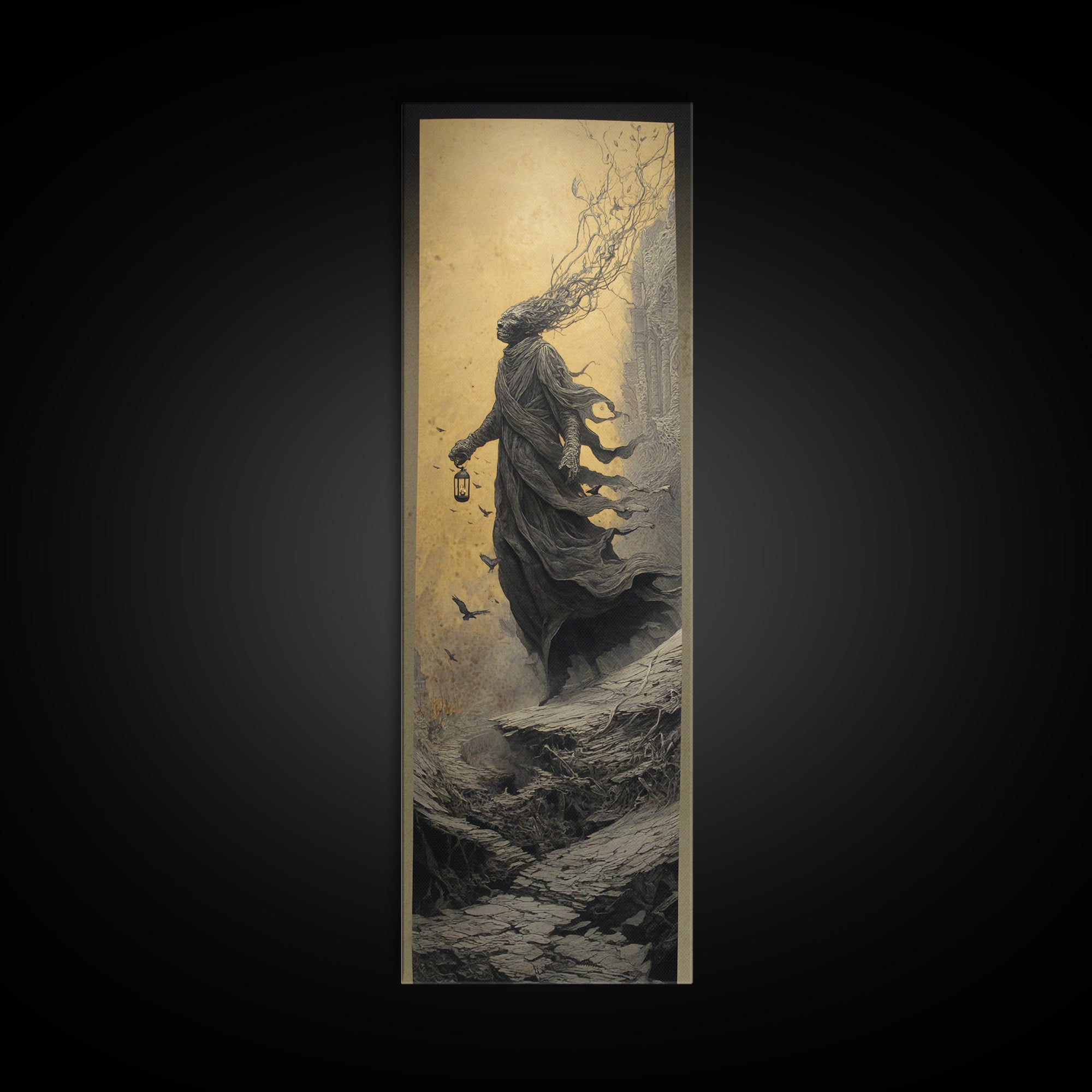 The Crossroads Spirit, Surreal Apocalyptic Art, Tall Narrow Wall Art, Macabre Wall Art, Canvas Print, Halloween Wall Art