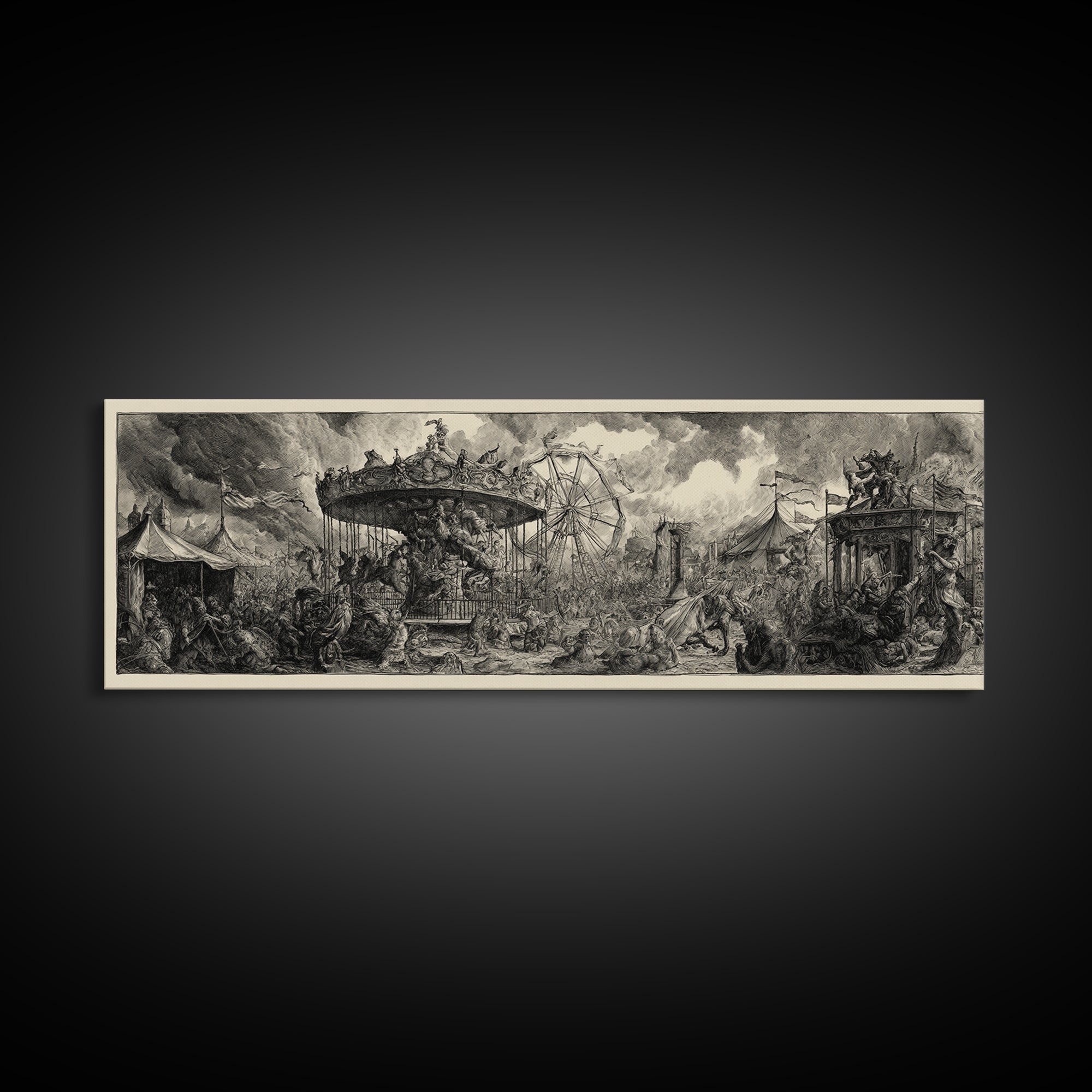 The Abandoned Carnival, Renaissance Engraving Art, Extra Wide Wall Art, Dark Fantasy Wall Art, Canvas Print, Halloween Wall Art