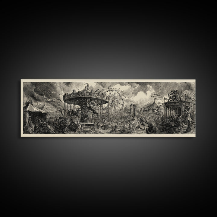 The Abandoned Carnival, Renaissance Engraving Art, Extra Wide Wall Art, Dark Fantasy Wall Art, Canvas Print, Halloween Wall Art