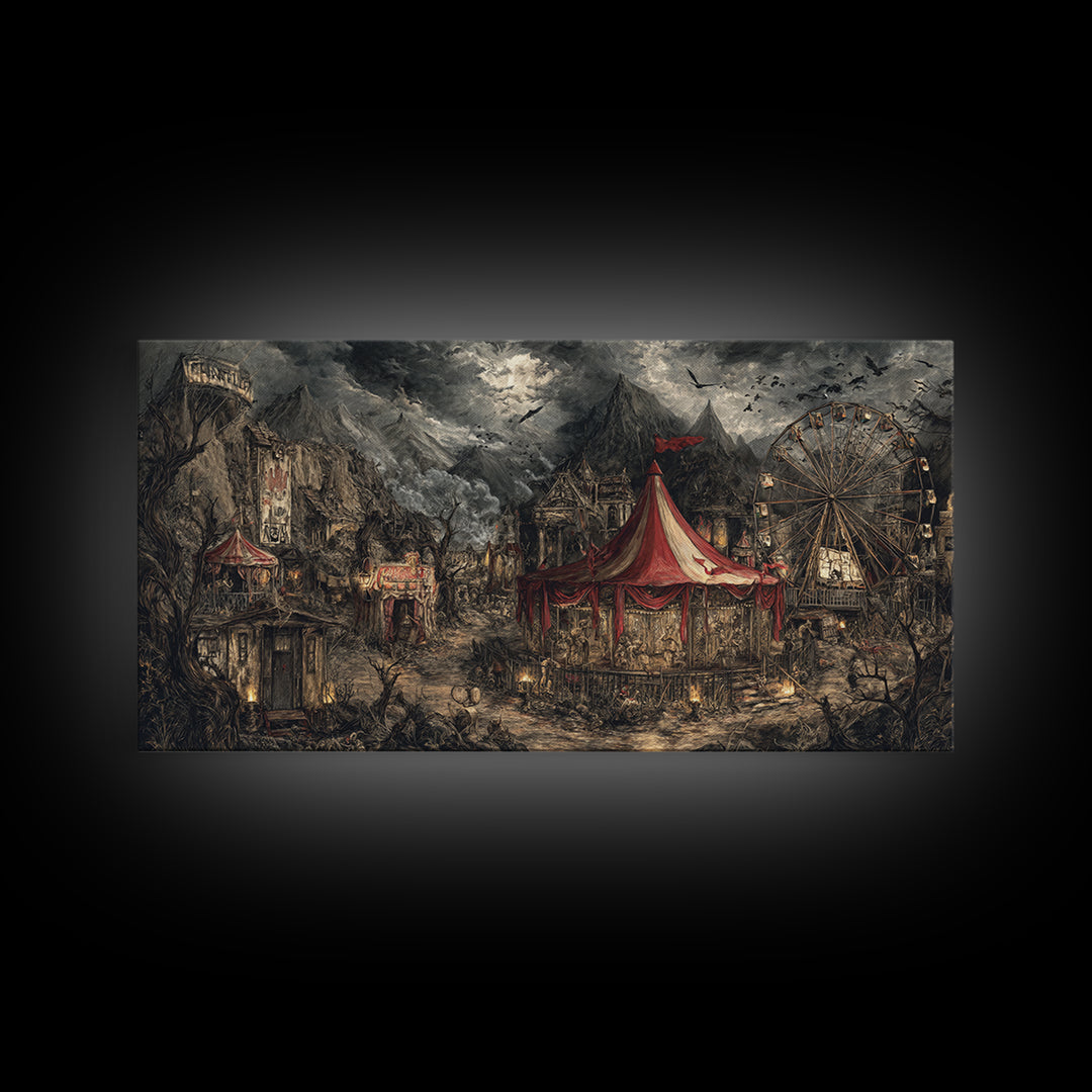 The Abandoned Carnival, Baroque Witchcraft Art, Wide Panoramic Art, Dark Fantasy Wall Art, Framed Canvas Print, Halloween Wall Art