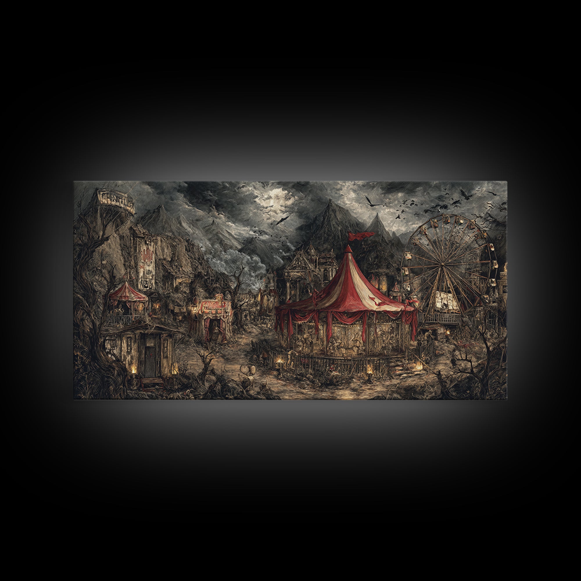 The Abandoned Carnival, Baroque Witchcraft Art, Wide Panoramic Art, Dark Fantasy Wall Art, Framed Canvas Print, Halloween Wall Art