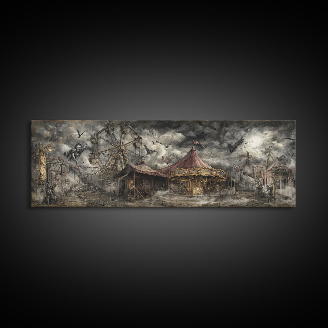 The Abandoned Carnival, Gothic Nightmare Art, Extra Wide Wall Art, Macabre Wall Art, Framed Canvas Print, Halloween Wall Art