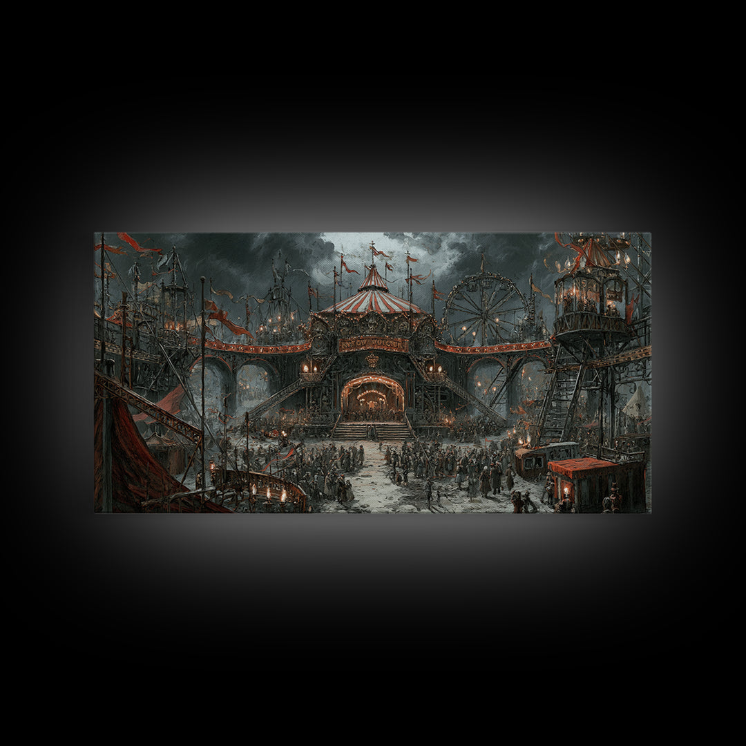 The Abandoned Carnival, Architectural Etching Art, Wide Panoramic Art, Macabre Wall Art, Framed Canvas Print
