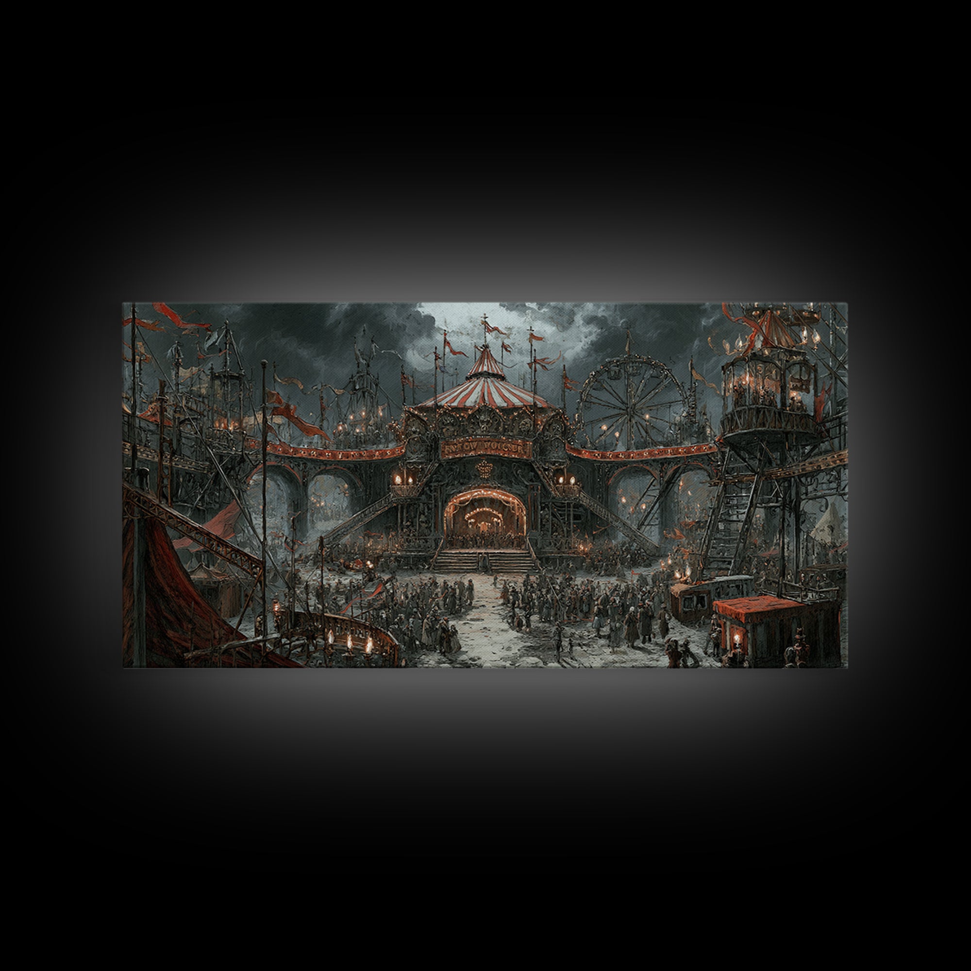 The Abandoned Carnival, Architectural Etching Art, Wide Panoramic Art, Macabre Wall Art, Framed Canvas Print