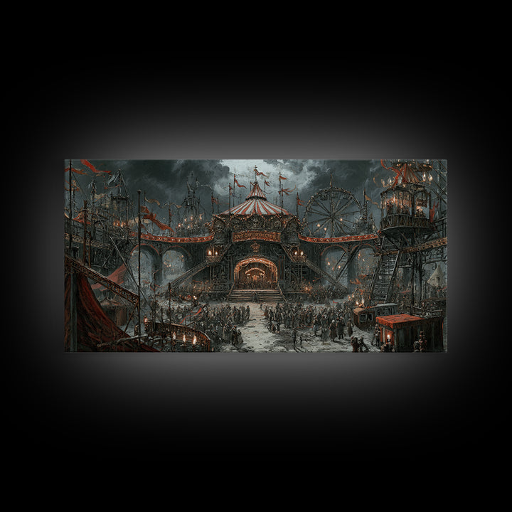 The Abandoned Carnival, Architectural Etching Art, Wide Panoramic Art, Macabre Wall Art, Framed Canvas Print