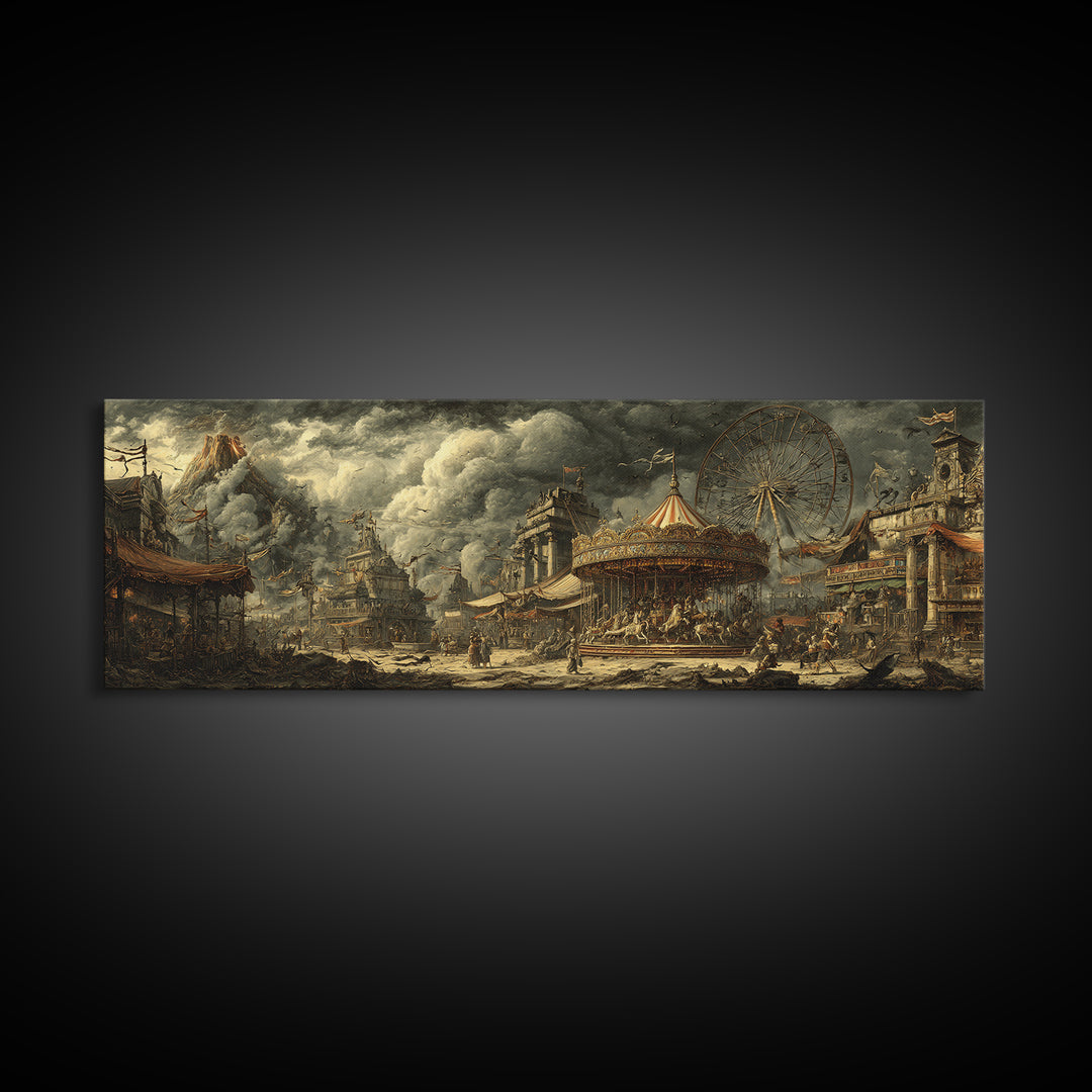 The Abandoned Carnival, Apocalyptic Romantic Art, Extra Wide Wall Art, Dark Fantasy Wall Art, Framed Canvas Print, Halloween Wall Art