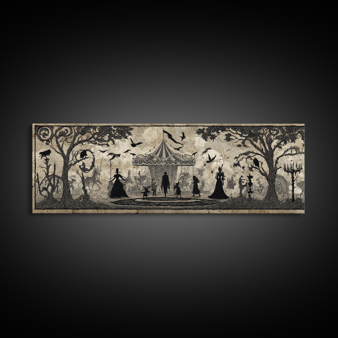 The Abandoned Carnival, Decadent Line Art, Extra Wide Wall Art, Dark Fantasy Wall Art, Framed Canvas Print, Halloween Wall Art
