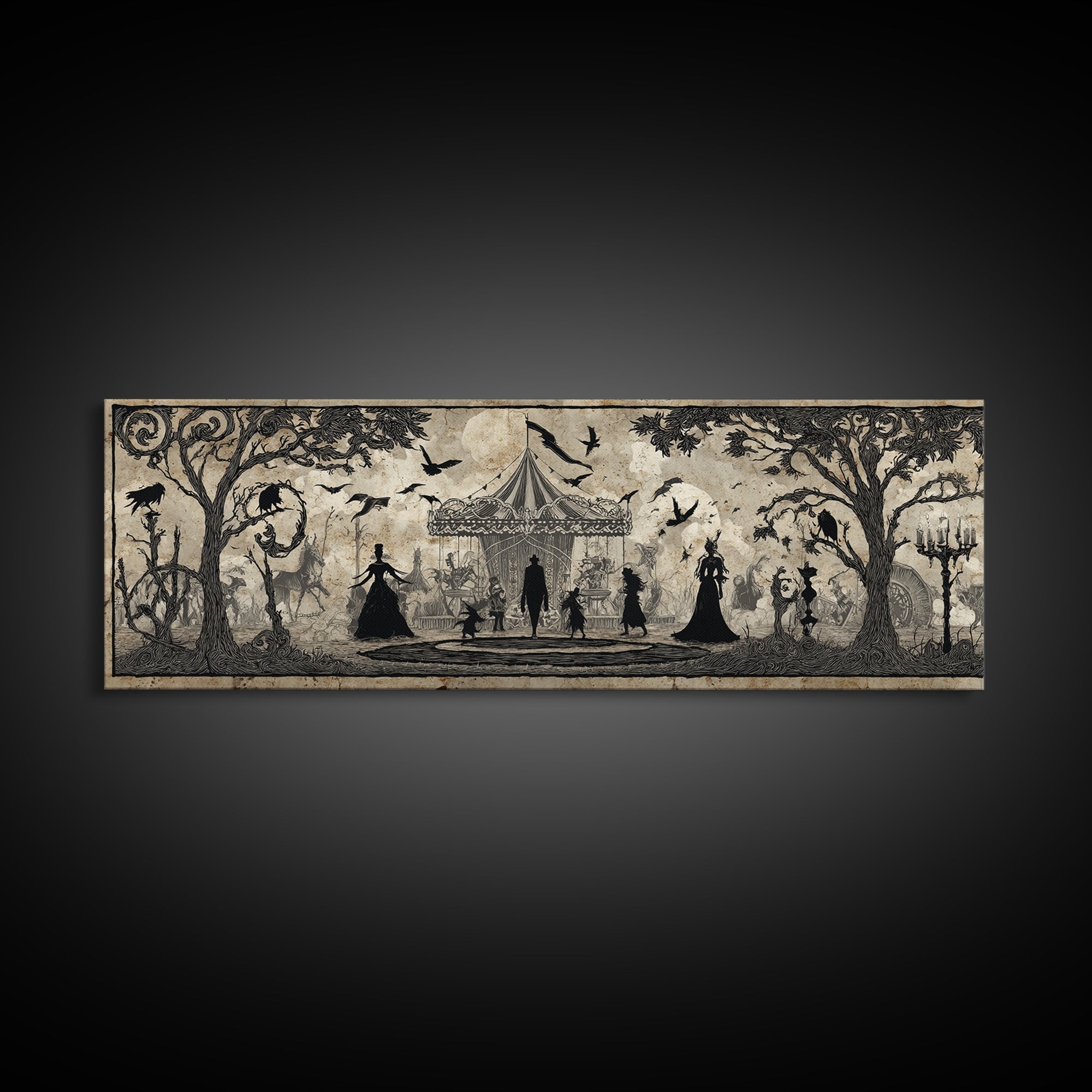 The Abandoned Carnival, Decadent Line Art, Extra Wide Wall Art, Dark Fantasy Wall Art, Framed Canvas Print, Halloween Wall Art