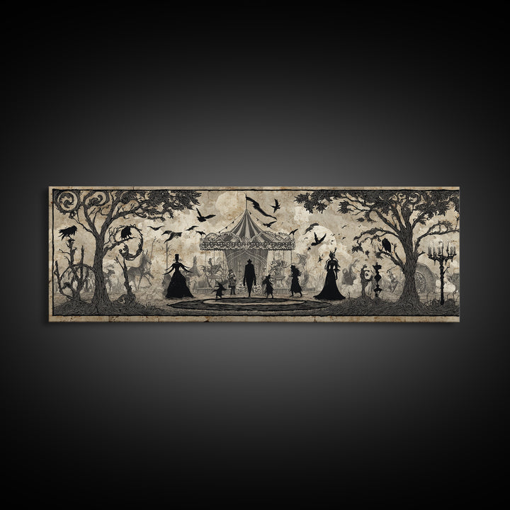 The Abandoned Carnival, Decadent Line Art, Extra Wide Wall Art, Dark Fantasy Wall Art, Framed Canvas Print, Halloween Wall Art