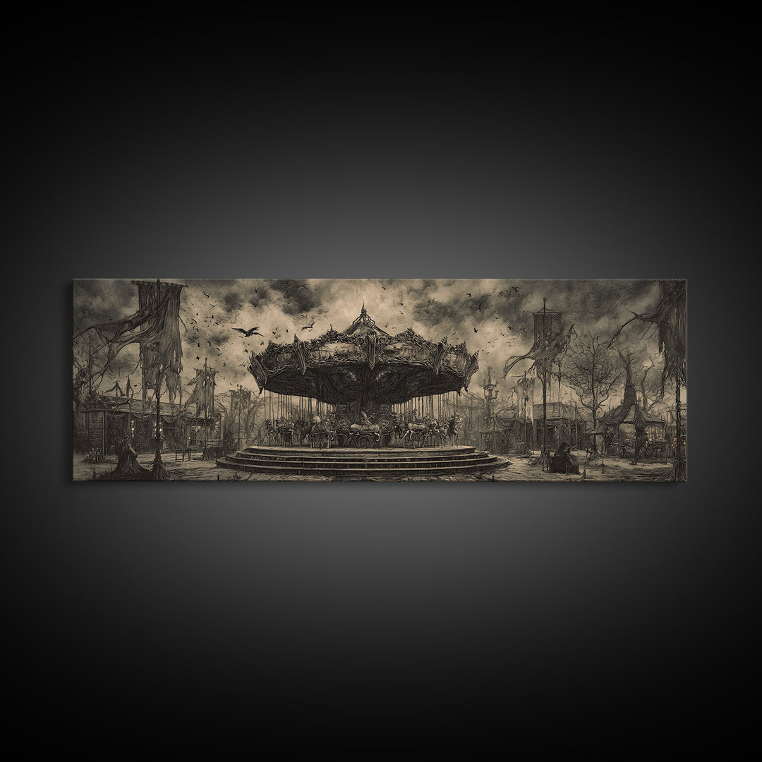 The Abandoned Carnival, Biomechanical Horror Art, Extra Wide Wall Art, Dark Halloween Decor, Framed Canvas Print, Halloween Wall Art