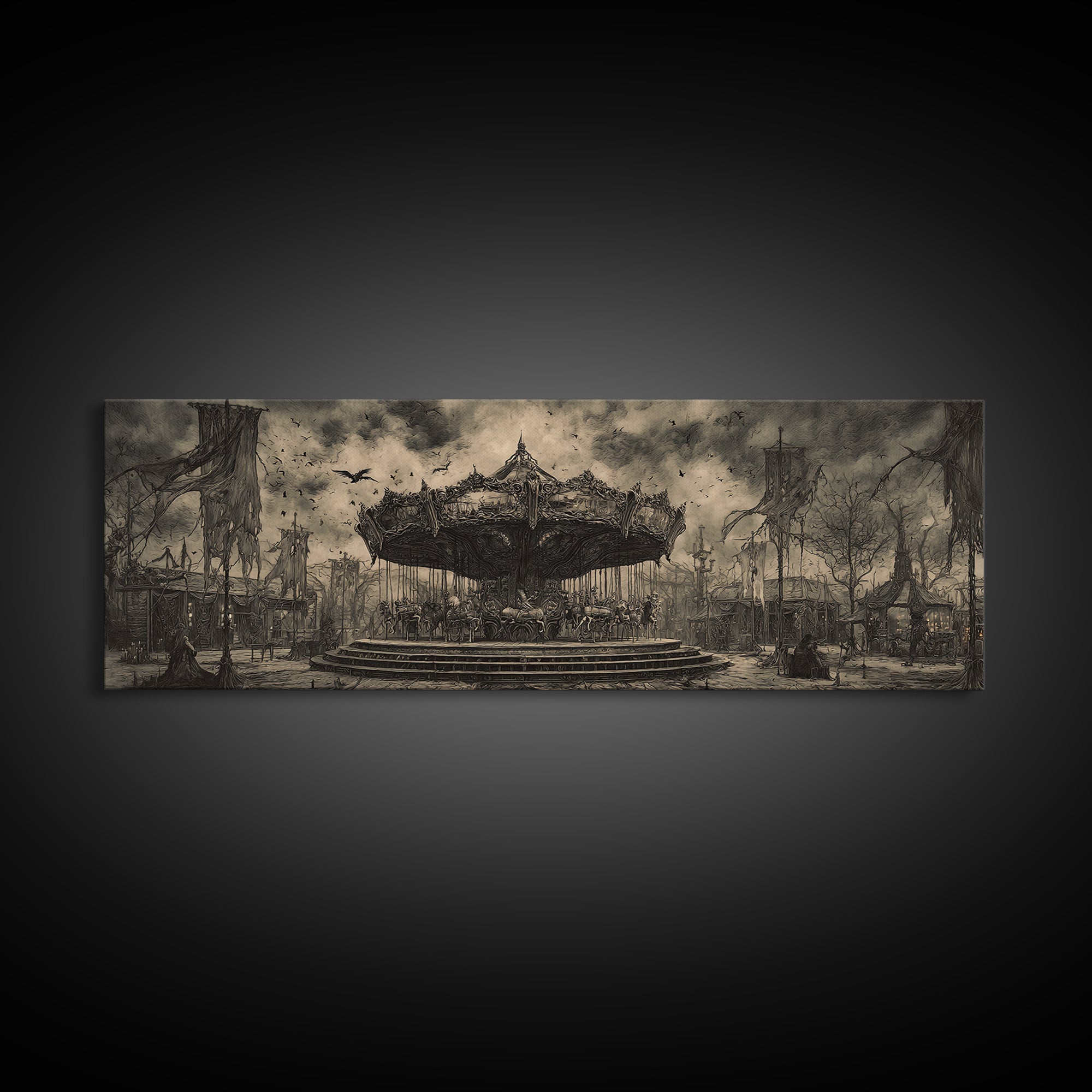 The Abandoned Carnival, Biomechanical Horror Art, Extra Wide Wall Art, Dark Halloween Decor, Framed Canvas Print, Halloween Wall Art