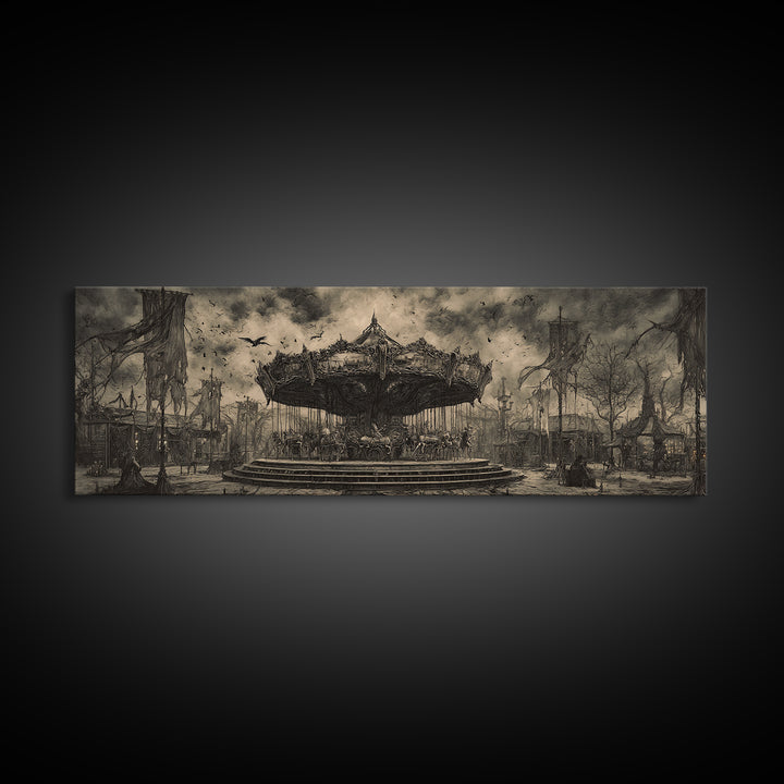 The Abandoned Carnival, Biomechanical Horror Art, Extra Wide Wall Art, Dark Halloween Decor, Framed Canvas Print, Halloween Wall Art