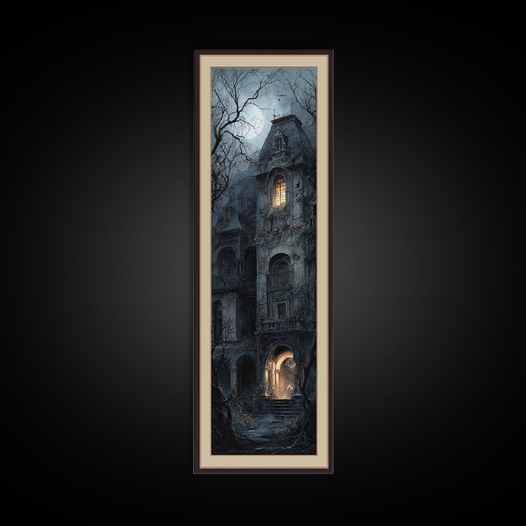 The Haunted Manor, Gothic Engraving Art, Tall Narrow Wall Art, Macabre Wall Art, Framed Canvas Print, Halloween Wall Art