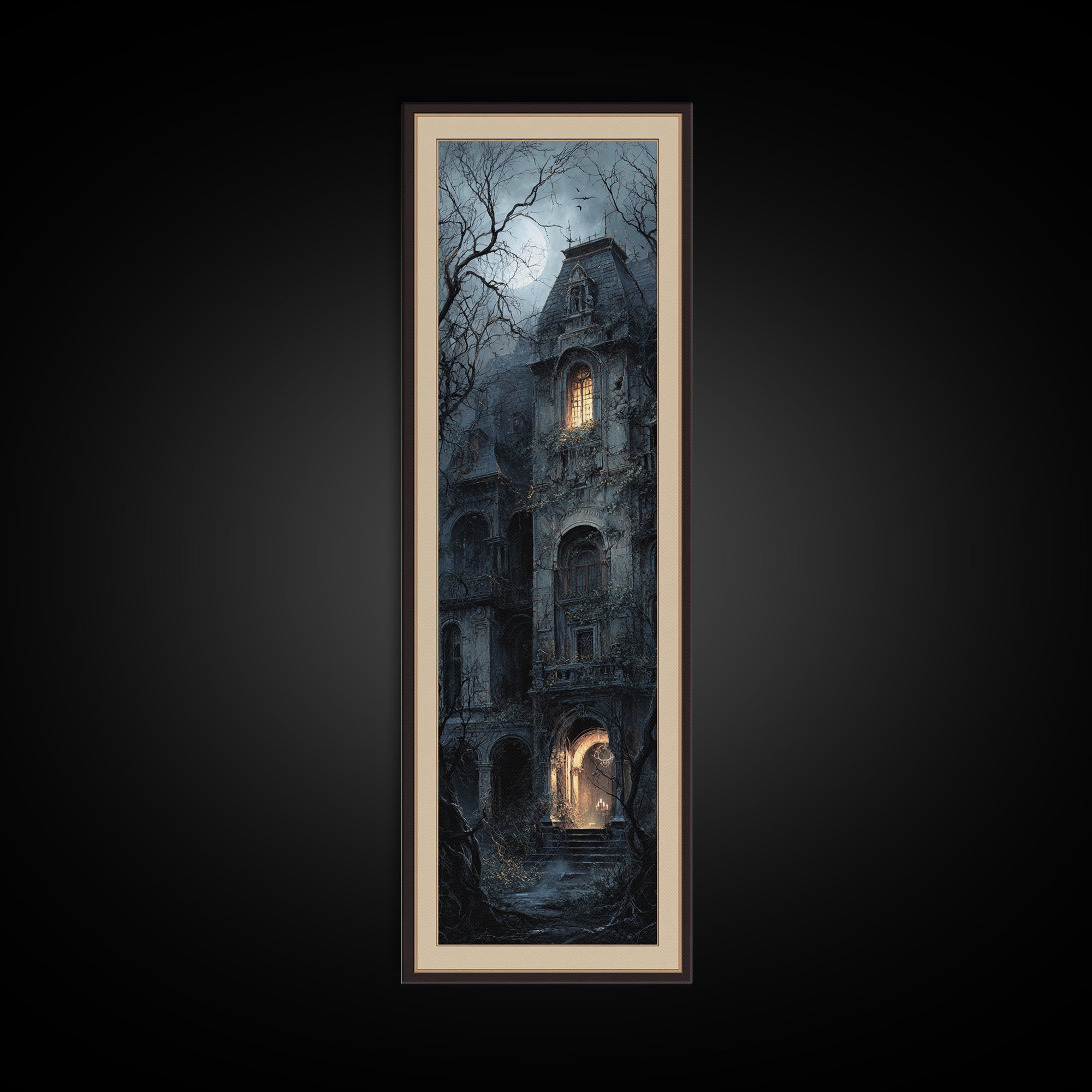 The Haunted Manor, Gothic Engraving Art, Tall Narrow Wall Art, Macabre Wall Art, Framed Canvas Print, Halloween Wall Art