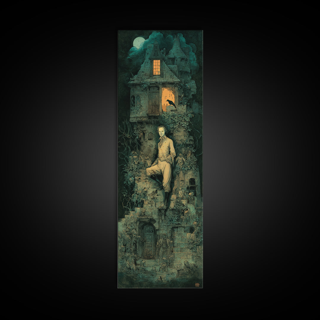 The Haunted Manor, Medieval Grotesque Art, Tall Narrow Wall Art, Dark Halloween Decor, Framed Canvas Print, Halloween Wall Art