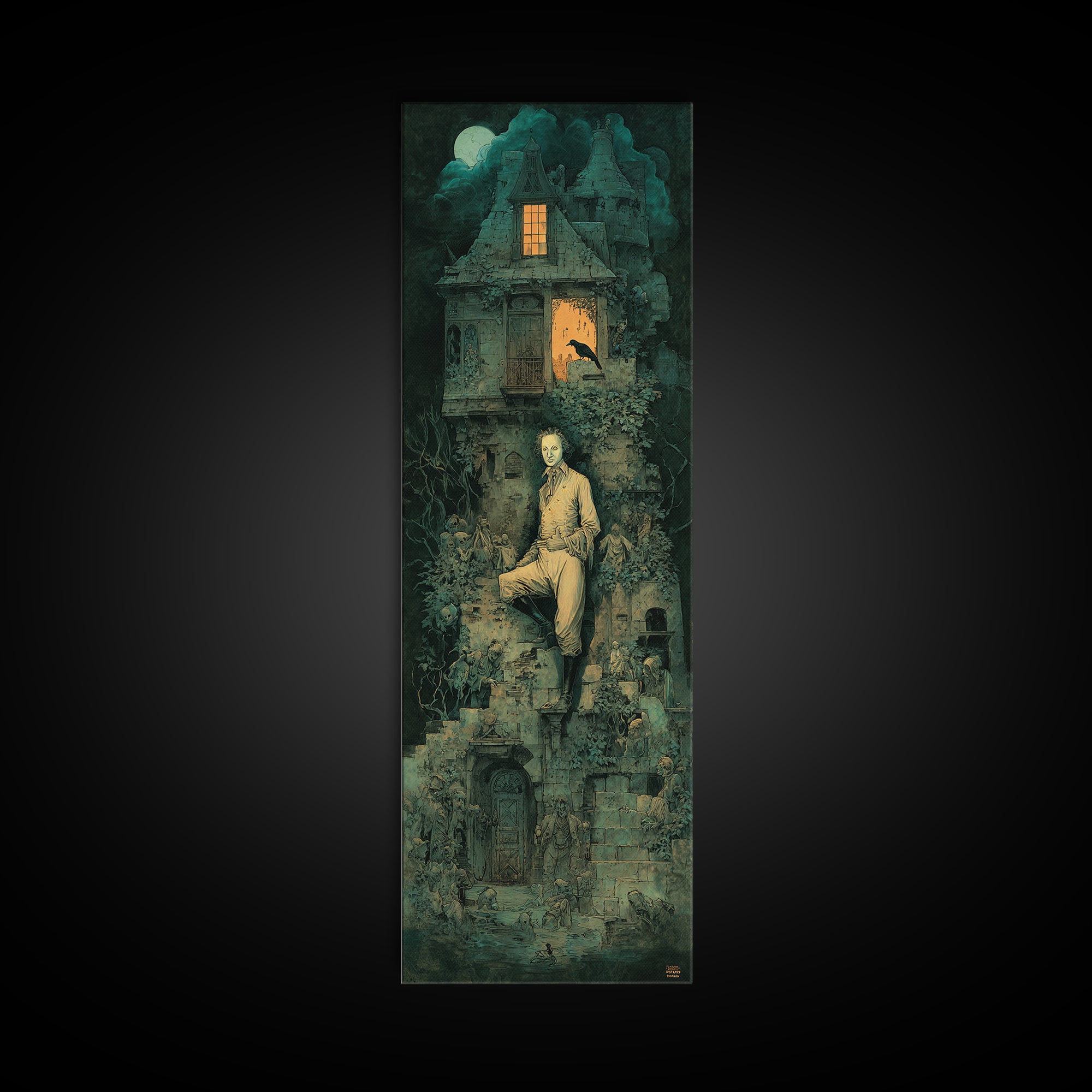 The Haunted Manor, Medieval Grotesque Art, Tall Narrow Wall Art, Dark Halloween Decor, Framed Canvas Print, Halloween Wall Art