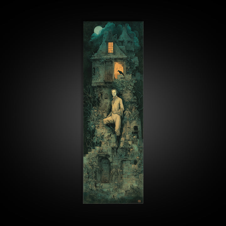 The Haunted Manor, Medieval Grotesque Art, Tall Narrow Wall Art, Dark Halloween Decor, Framed Canvas Print, Halloween Wall Art