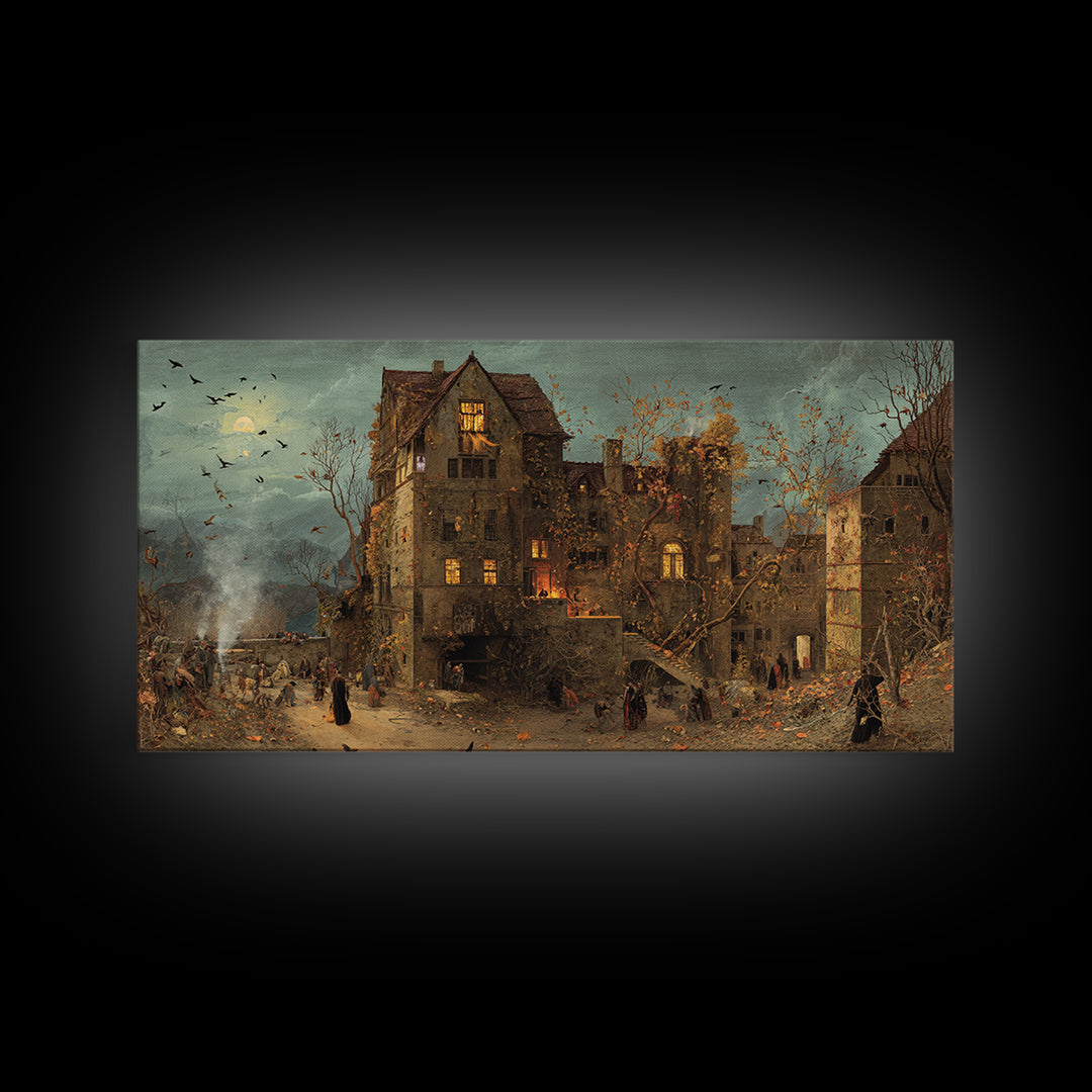 The Haunted Manor, Northern Renaissance Horror, Wide Panoramic Art, Dark Halloween Decor, Canvas Print, Halloween Wall Art
