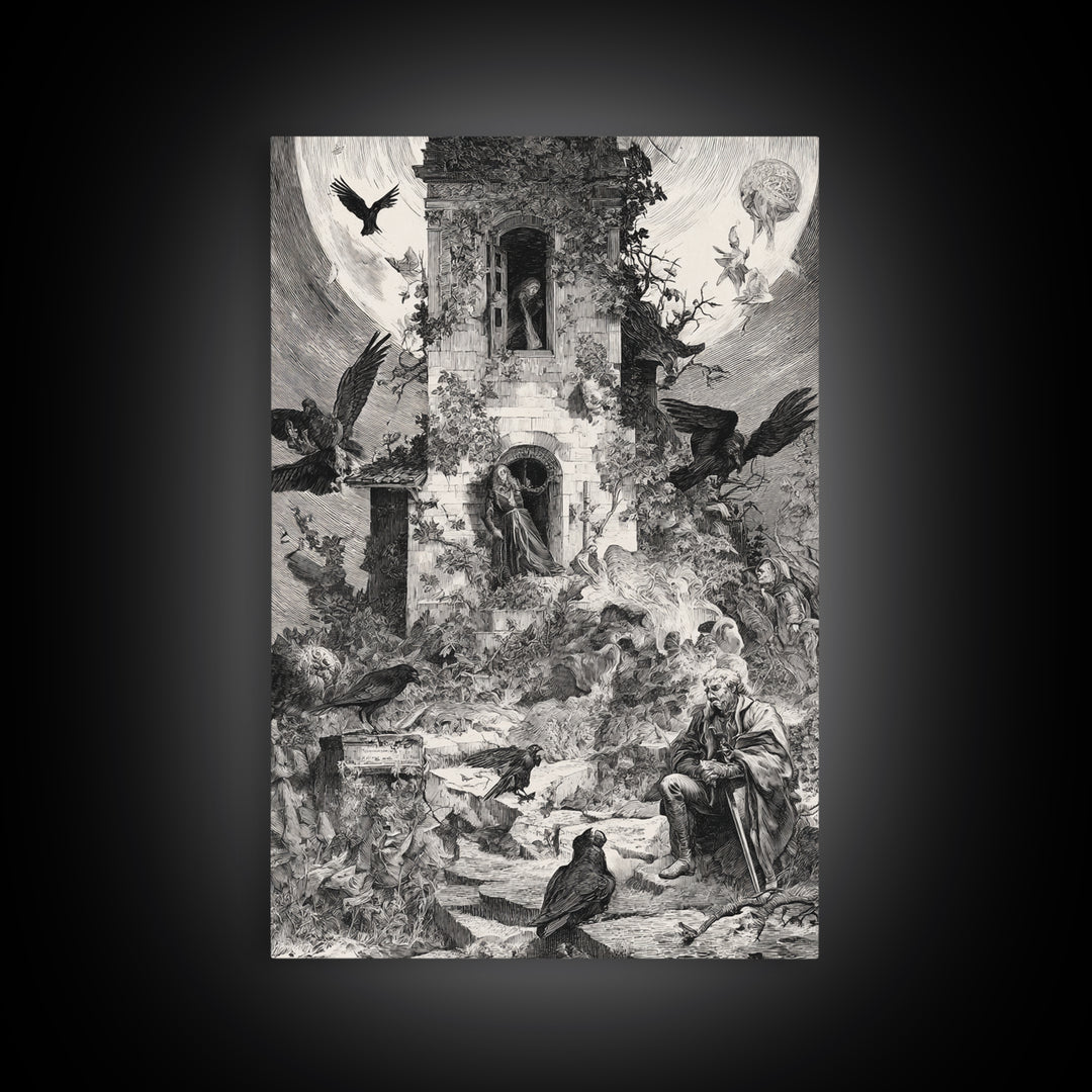 The Haunted Manor, Renaissance Engraving Art, Vertical Wall Art, Macabre Wall Art, Canvas Print, Halloween Wall Art, Spooky Wall Decor