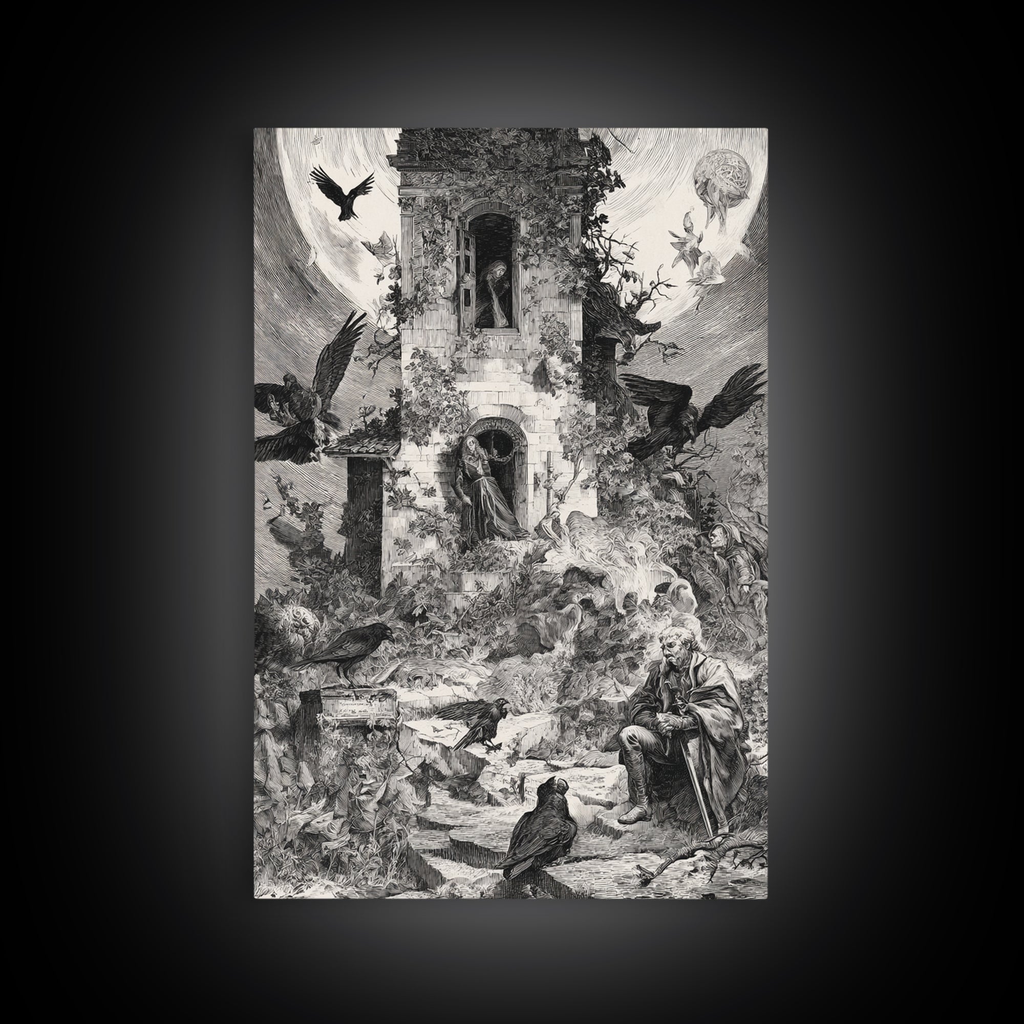 The Haunted Manor, Renaissance Engraving Art, Vertical Wall Art, Macabre Wall Art, Canvas Print, Halloween Wall Art, Spooky Wall Decor