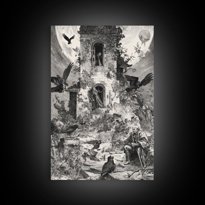 The Haunted Manor, Renaissance Engraving Art, Vertical Wall Art, Macabre Wall Art, Canvas Print, Halloween Wall Art, Spooky Wall Decor