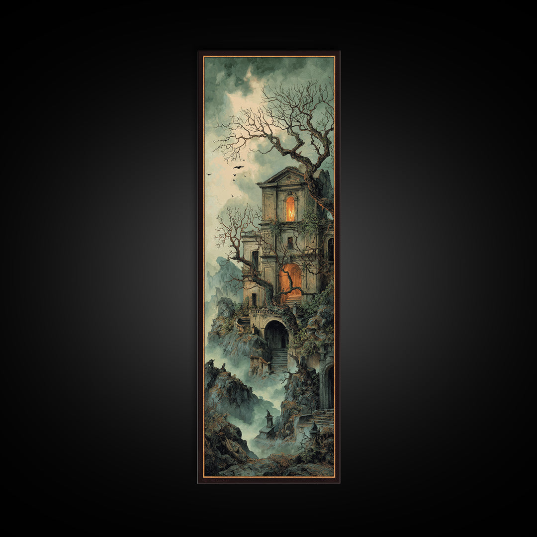 The Haunted Manor, Baroque Witchcraft Art, Tall Narrow Wall Art, Macabre Wall Art, Framed Canvas Print, Halloween Wall Art