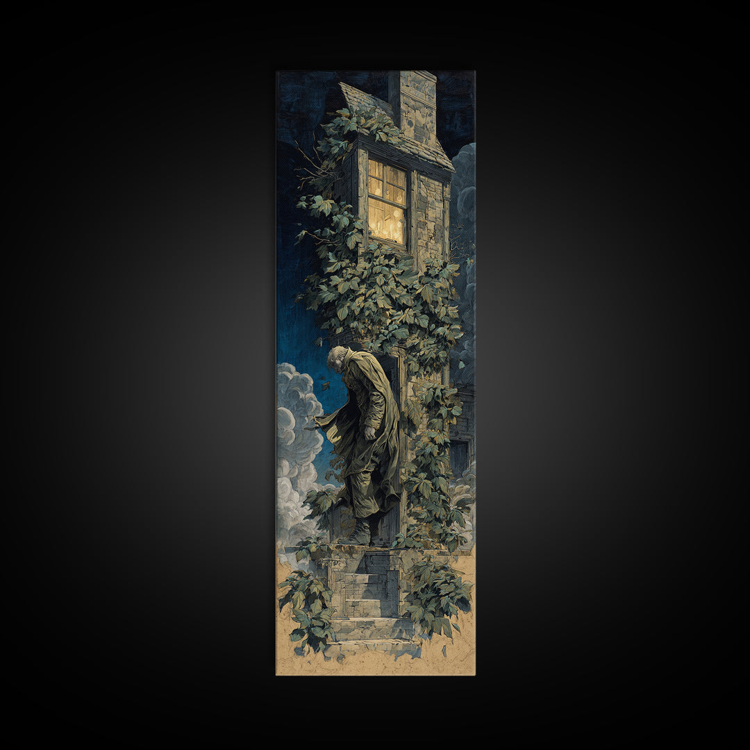 The Haunted Manor, Gothic Nightmare Art, Tall Narrow Wall Art, Gothic Horror Wall Art, Framed Canvas Print, Halloween Wall Art