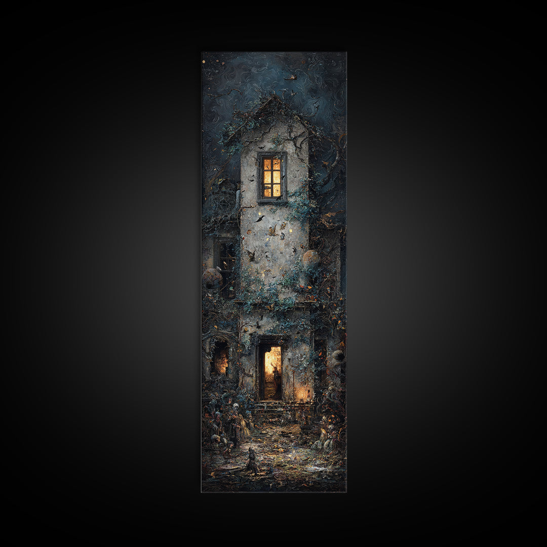 The Haunted Manor, Visionary Gothic Art, Tall Narrow Wall Art, Macabre Wall Art, Canvas Print, Halloween Wall Art, Halloween Decor