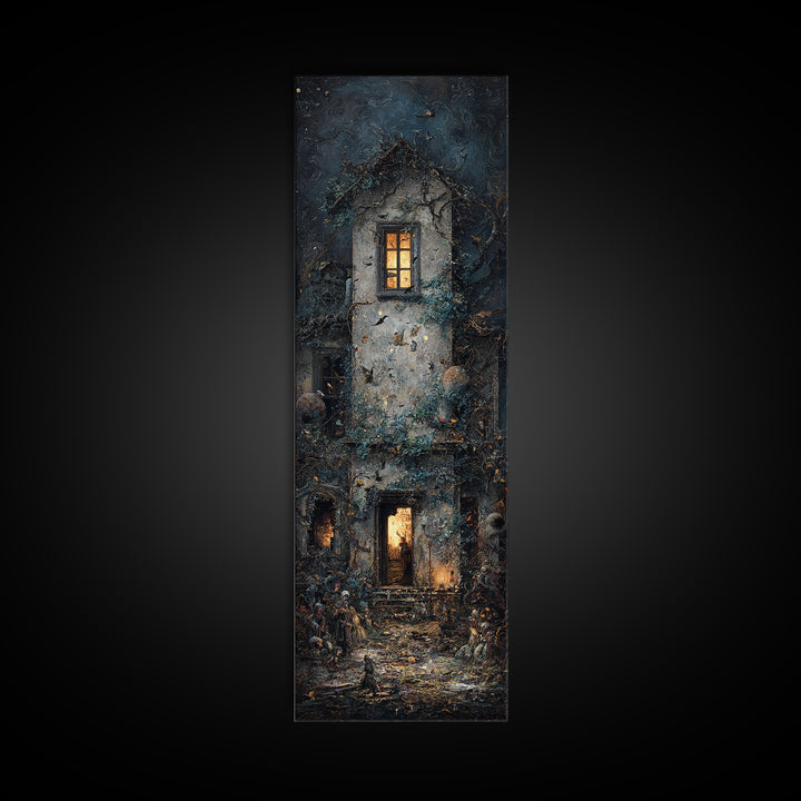 The Haunted Manor, Visionary Gothic Art, Tall Narrow Wall Art, Macabre Wall Art, Canvas Print, Halloween Wall Art, Halloween Decor