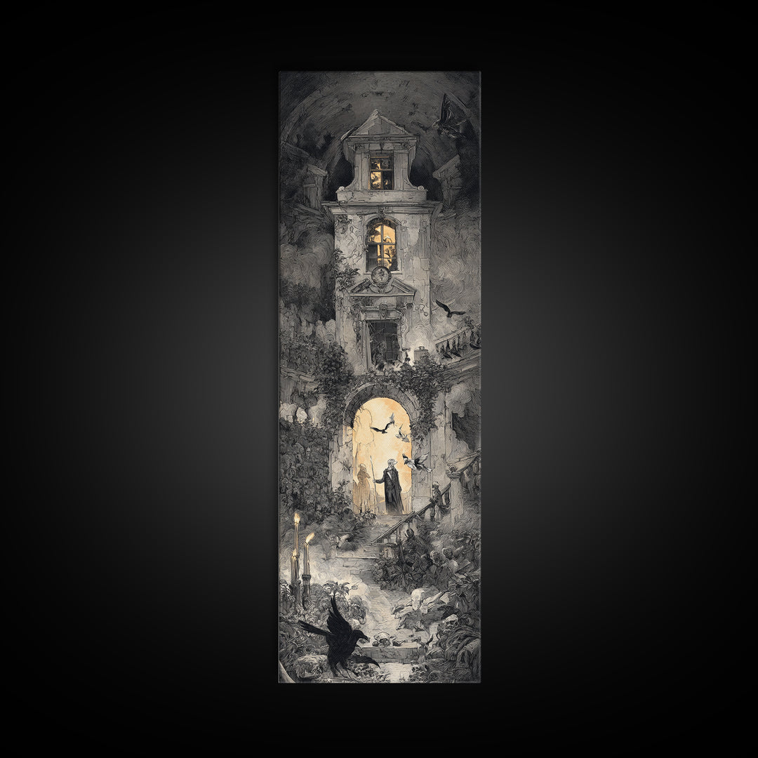 The Haunted Manor, Architectural Etching Art, Tall Narrow Wall Art, Dark Fantasy Wall Art, Canvas Print, Halloween Wall Art