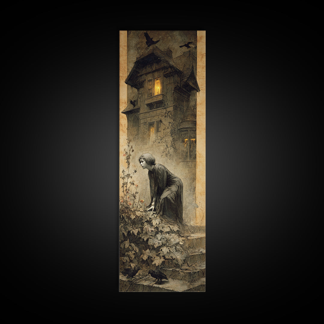 The Haunted Manor, Symbolist Dream Art, Tall Narrow Wall Art, Gothic Horror Wall Art, Canvas Print, Halloween Wall Art