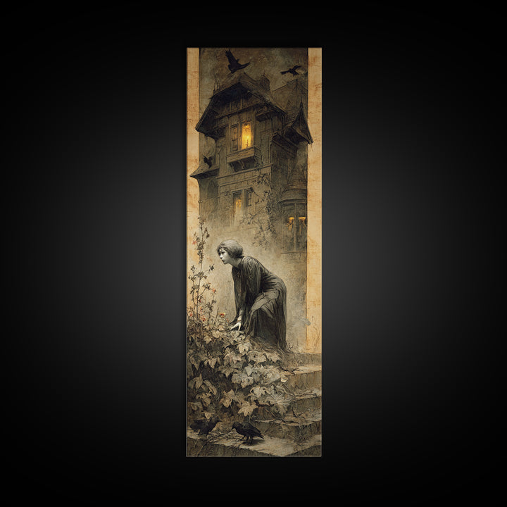 The Haunted Manor, Symbolist Dream Art, Tall Narrow Wall Art, Gothic Horror Wall Art, Canvas Print, Halloween Wall Art