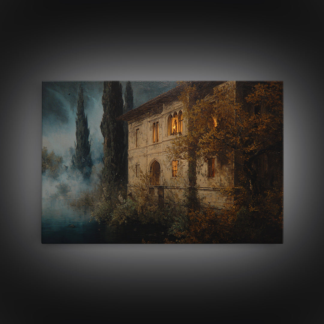 The Haunted Manor, Symbolist Gothic Landscape, Landscape Wall Art, Dark Fantasy Wall Art, Framed Canvas Print, Halloween Wall Art