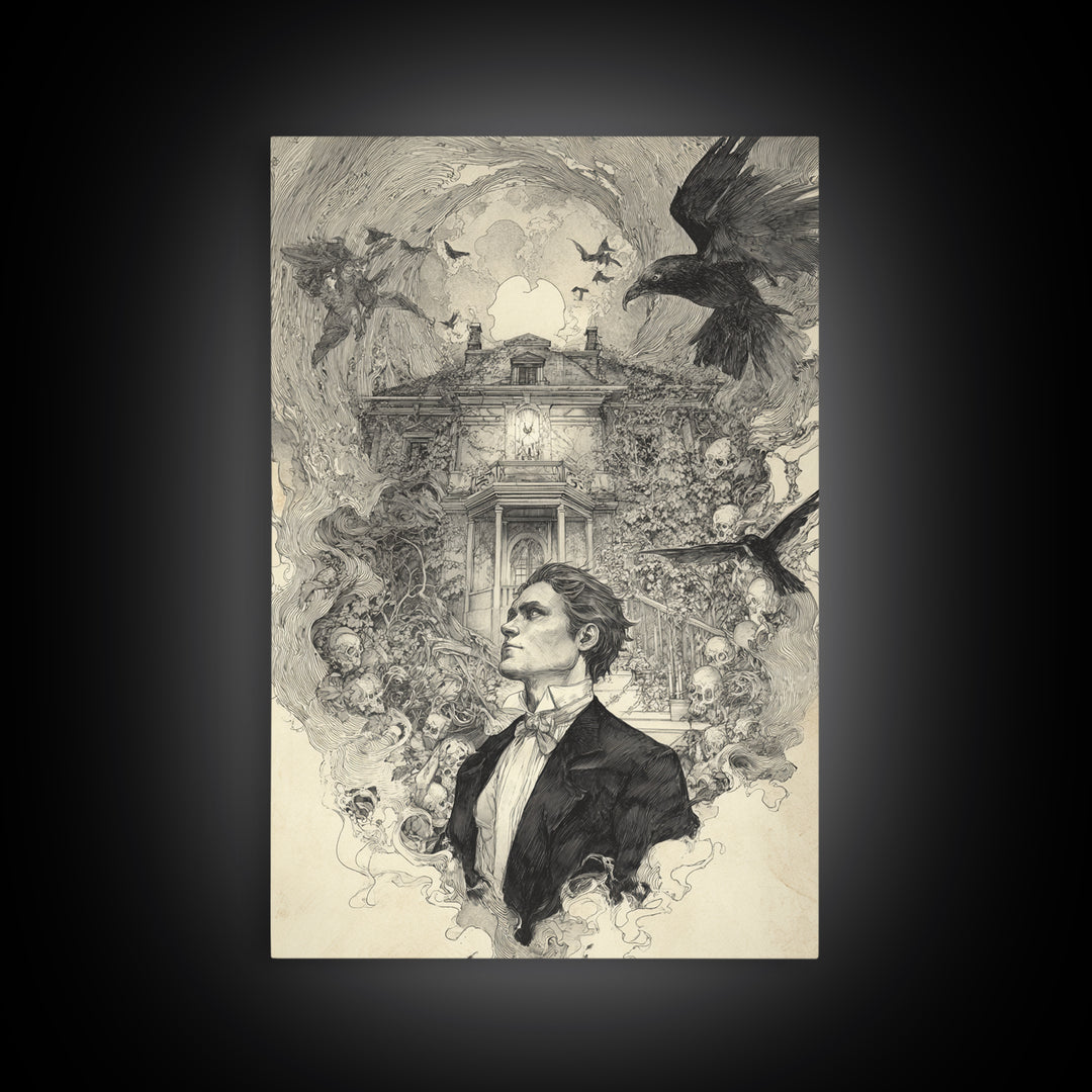 The Haunted Manor, Decadent Gothic Art, Vertical Wall Art, Macabre Wall Art, Framed Canvas Print, Halloween Wall Art