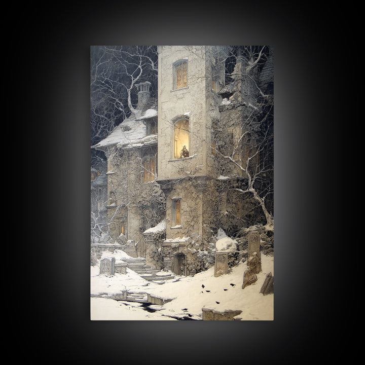 The Haunted Manor, Symbolist Death Art, Vertical Wall Art, Dark Fantasy Wall Art, Canvas Print, Halloween Wall Art