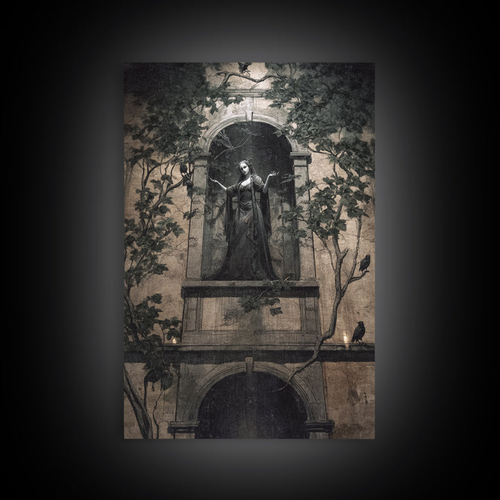 The Haunted Manor, Dark Symbolist Art, Vertical Wall Art, Dark Halloween Decor, Framed Canvas Print, Halloween Wall Art
