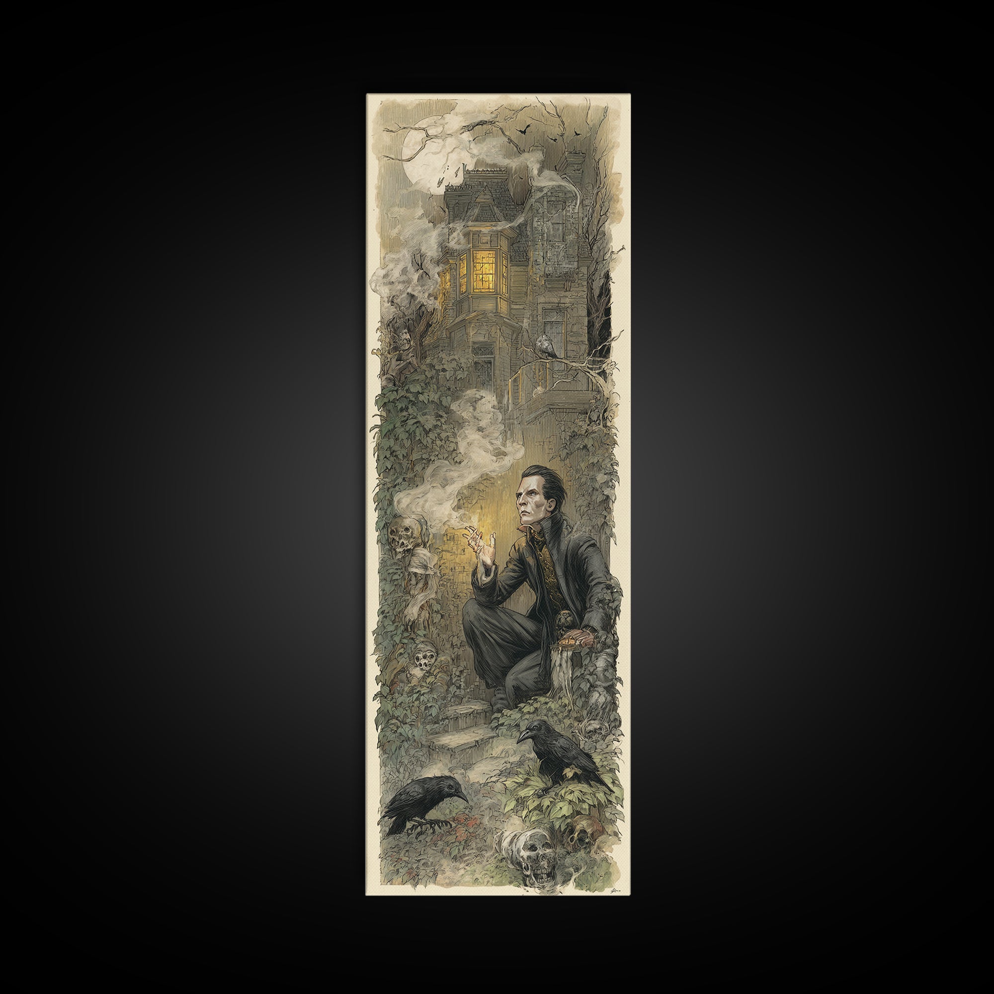 The Haunted Manor, Symbolist Etching Art, Tall Narrow Wall Art, Dark Fantasy Wall Art, Framed Canvas Print, Halloween Wall Art