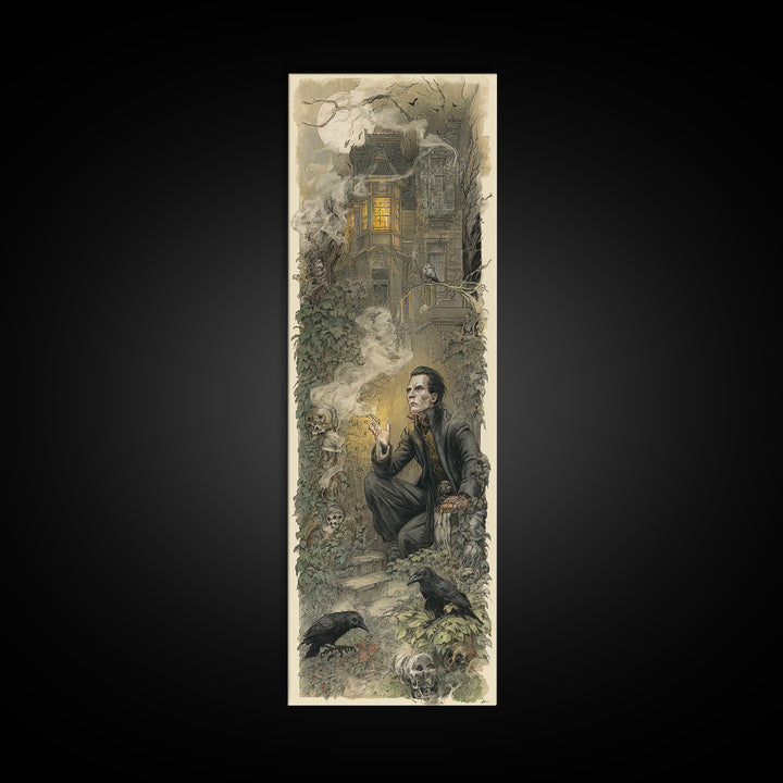 The Haunted Manor, Symbolist Etching Art, Tall Narrow Wall Art, Dark Fantasy Wall Art, Framed Canvas Print, Halloween Wall Art