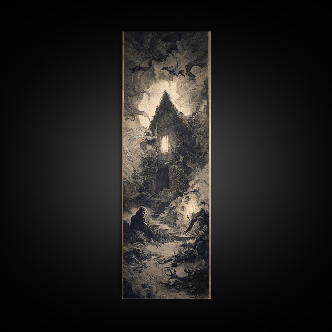 The Haunted Manor, Expressionist Nightmare Art, Tall Narrow Wall Art, Dark Halloween Decor, Canvas Print, Halloween Wall Art