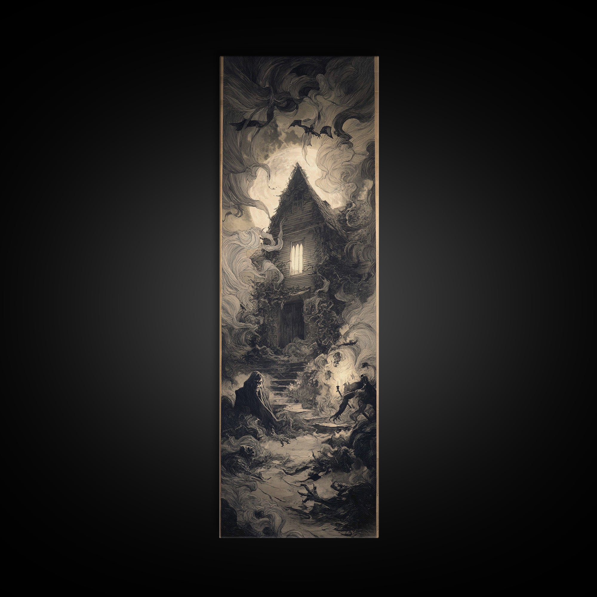 The Haunted Manor, Expressionist Nightmare Art, Tall Narrow Wall Art, Dark Halloween Decor, Canvas Print, Halloween Wall Art