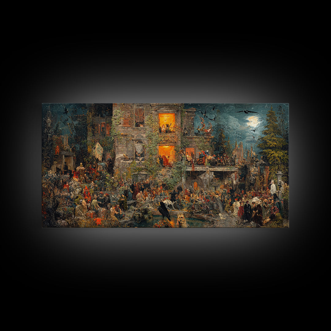 The Haunted Manor, Grotesque Carnival Art, Wide Panoramic Art, Dark Halloween Decor, Canvas Print, Halloween Wall Art, Statement Wall Art