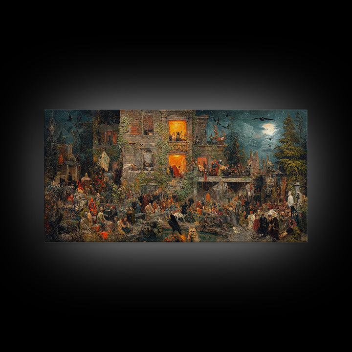 The Haunted Manor, Grotesque Carnival Art, Wide Panoramic Art, Dark Halloween Decor, Canvas Print, Halloween Wall Art, Statement Wall Art