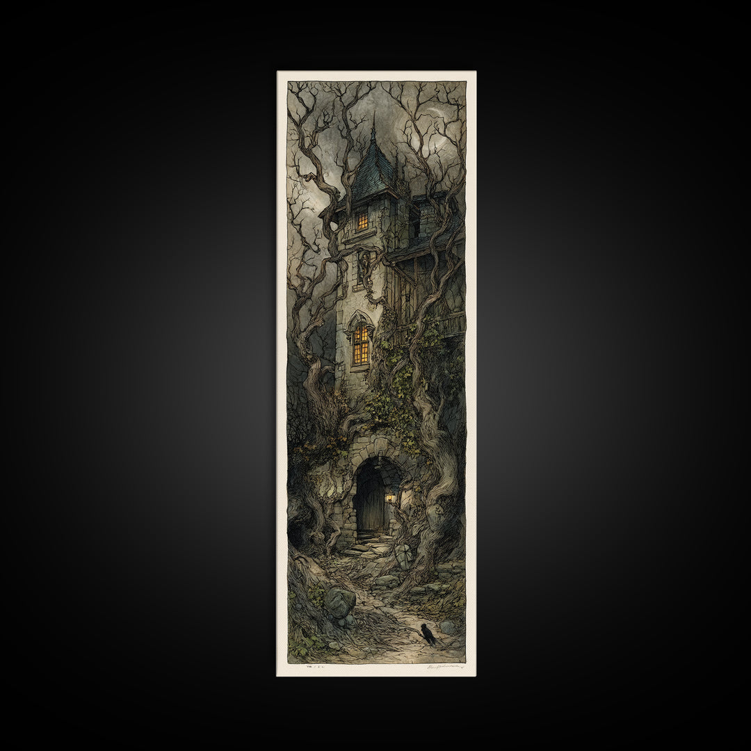 The Haunted Manor, Gothic Storybook Art, Tall Narrow Wall Art, Macabre Wall Art, Canvas Print, Halloween Wall Art, Statement Wall Art