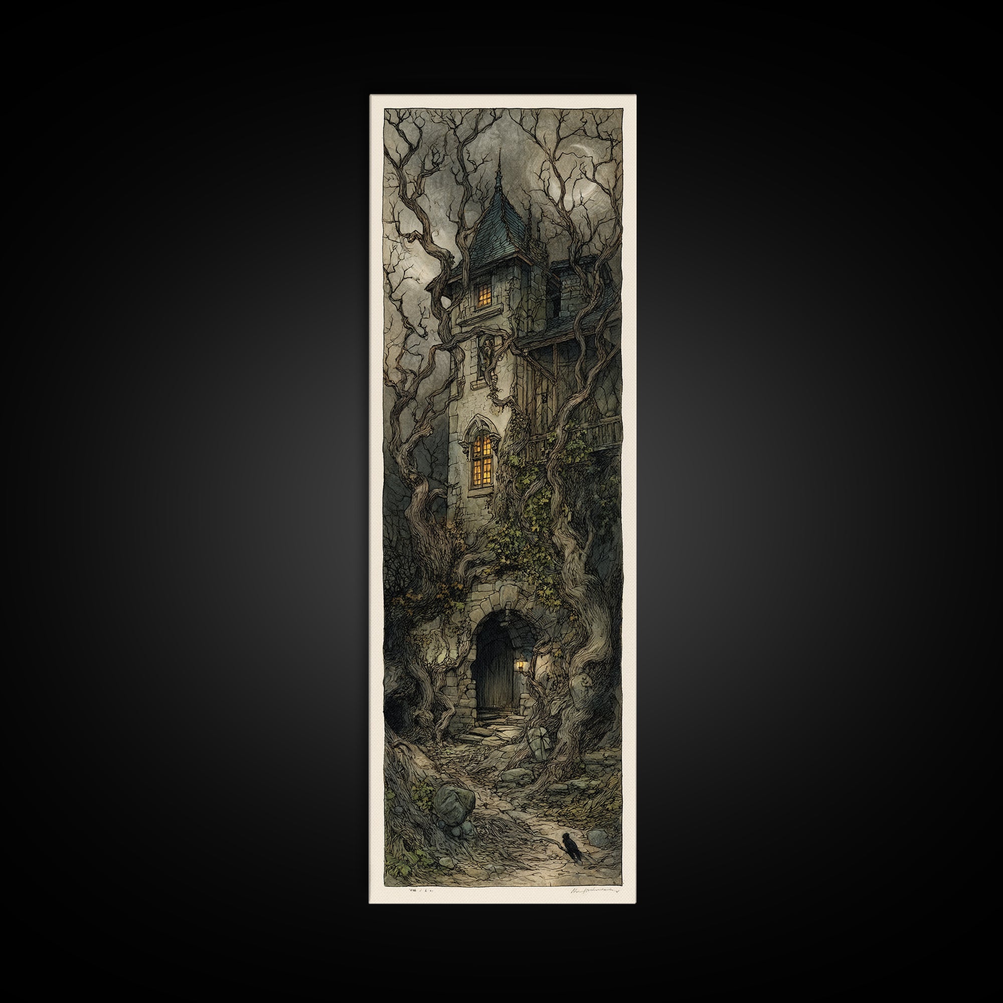 The Haunted Manor, Gothic Storybook Art, Tall Narrow Wall Art, Macabre Wall Art, Canvas Print, Halloween Wall Art, Statement Wall Art