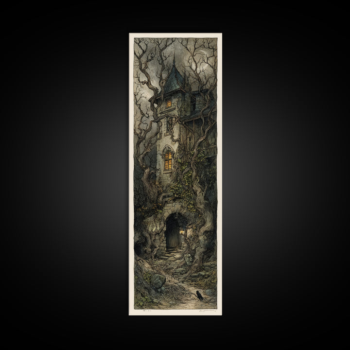 The Haunted Manor, Gothic Storybook Art, Tall Narrow Wall Art, Macabre Wall Art, Canvas Print, Halloween Wall Art, Statement Wall Art