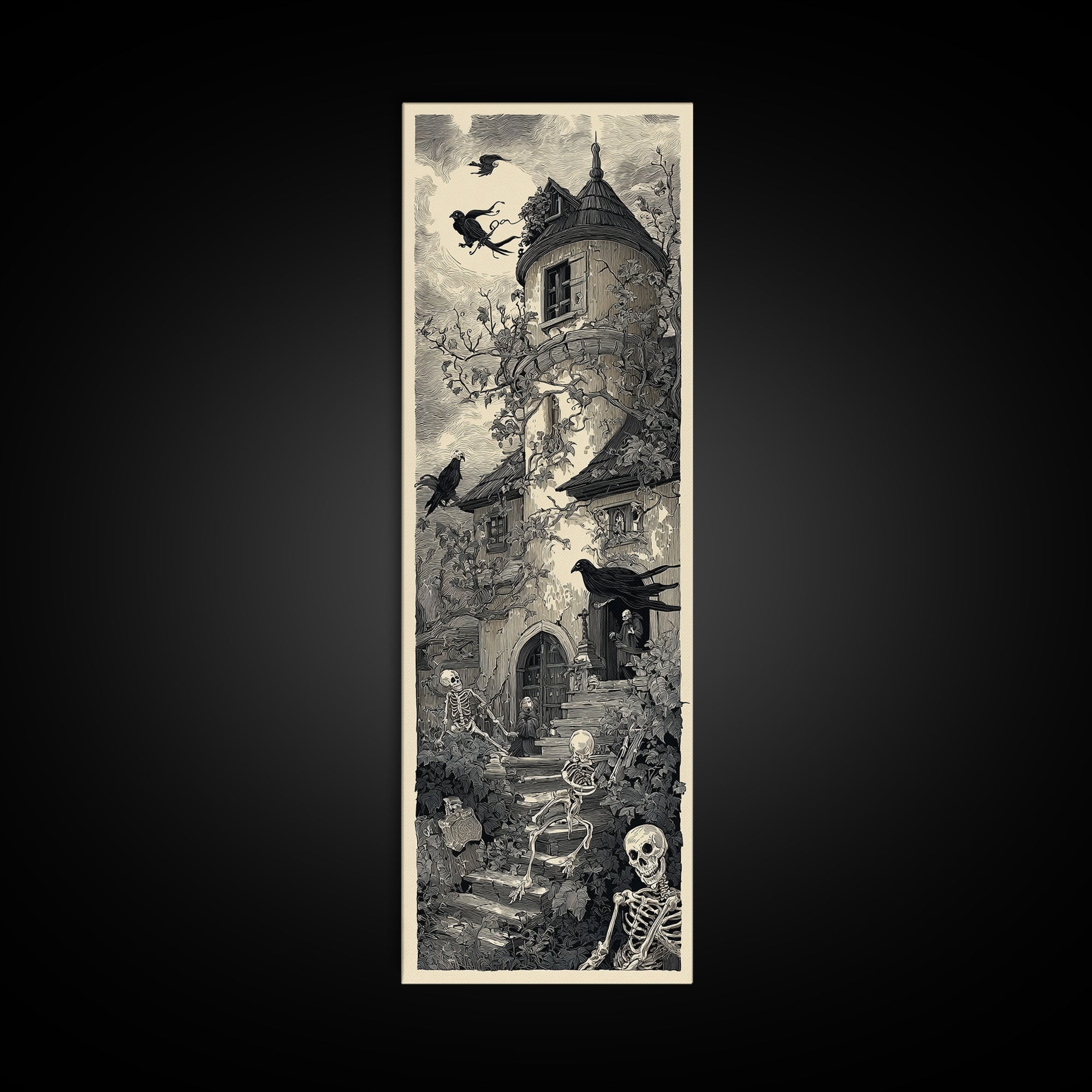 The Haunted Manor, Macabre Folk Print Art, Tall Narrow Wall Art, Gothic Horror Wall Art, Canvas Print, Halloween Wall Art