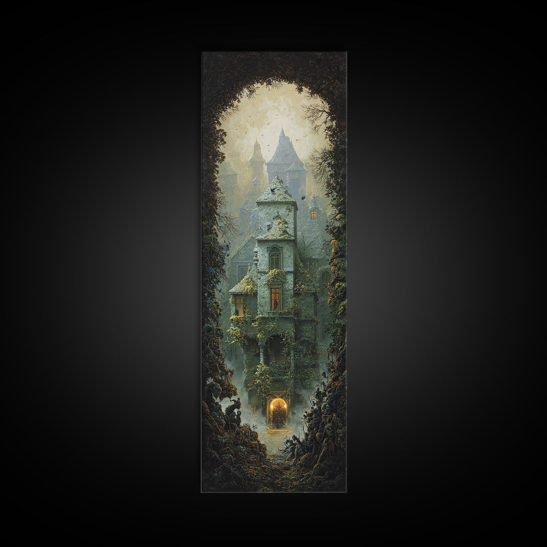 The Haunted Manor, Surreal Apocalyptic Art, Tall Narrow Wall Art, Dark Fantasy Wall Art, Canvas Print, Halloween Wall Art