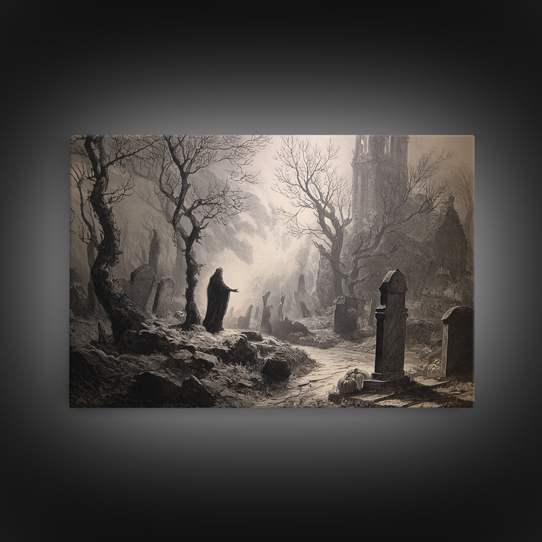 The Moonlit Cemetery, Gothic Engraving Art, Landscape Wall Art, Gothic Horror Wall Art, Canvas Print, Halloween Wall Art