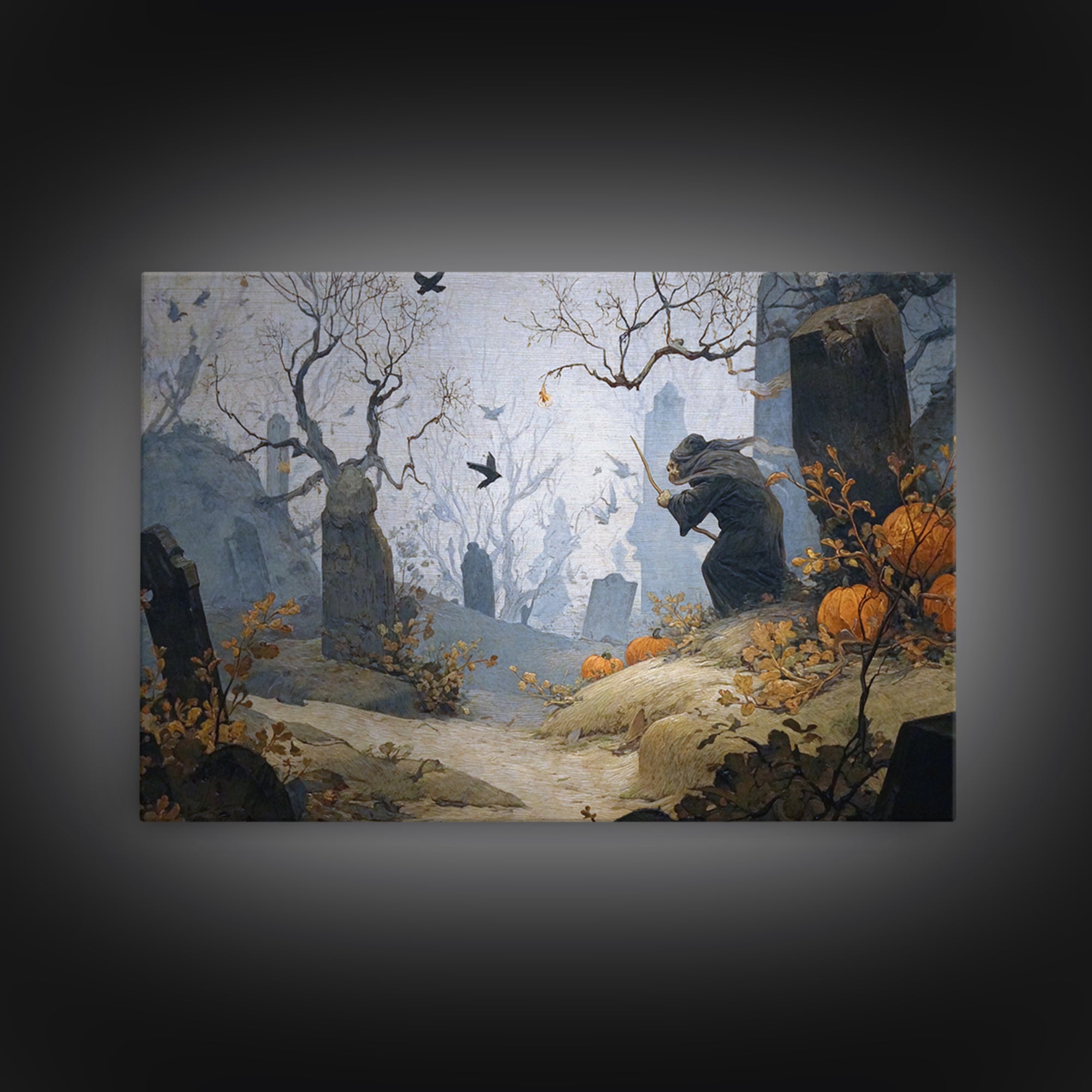 The Moonlit Cemetery, Medieval Grotesque Art, Landscape Wall Art, Macabre Wall Art, Framed Canvas Print, Halloween Wall Art