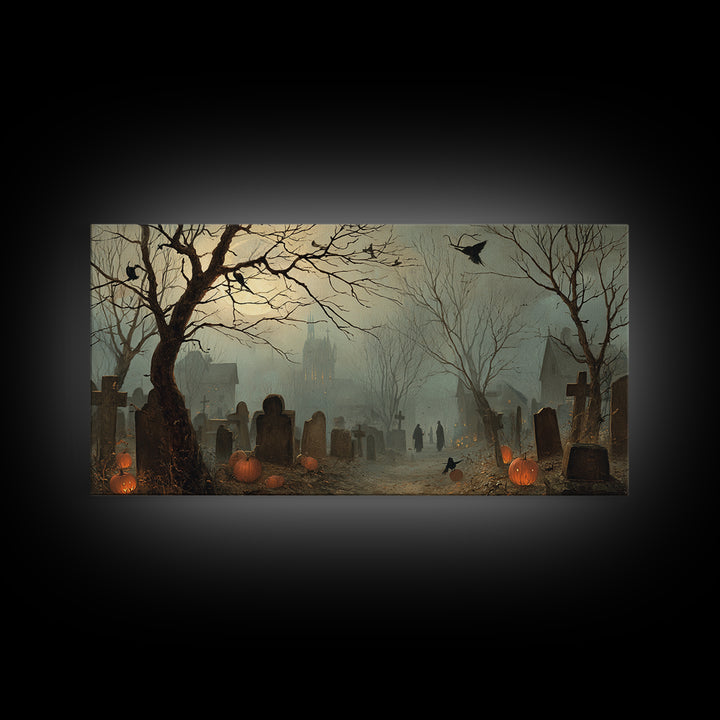 The Moonlit Cemetery, Northern Renaissance Horror, Wide Panoramic Art, Gothic Horror Wall Art, Framed Canvas Print